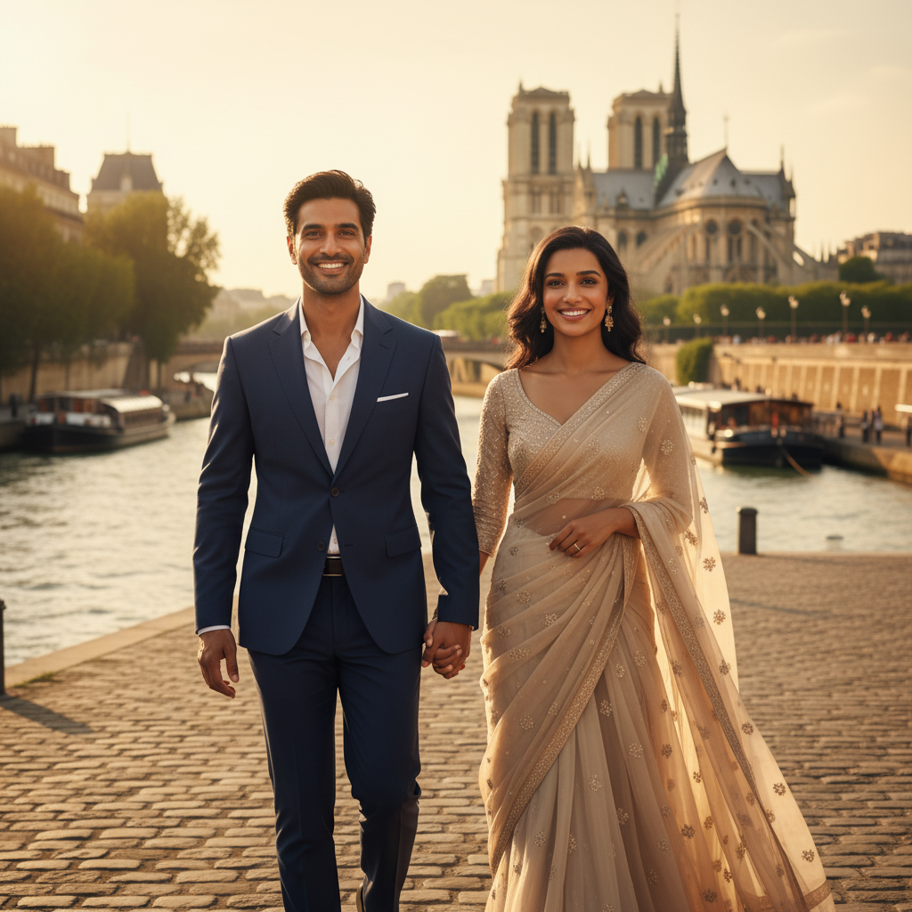 AI-generated pre-wedding photo sample showing couple in elegant setting