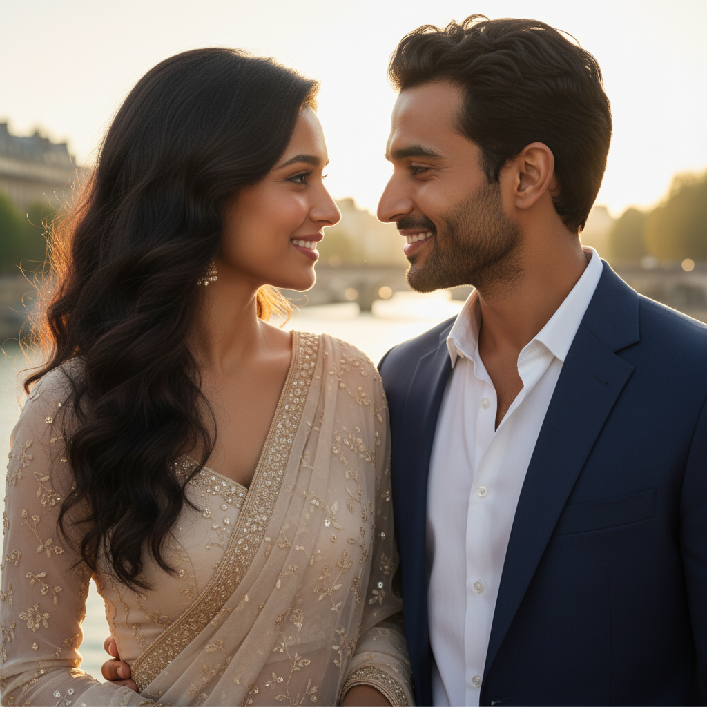 AI-generated pre-wedding photo sample with romantic lighting