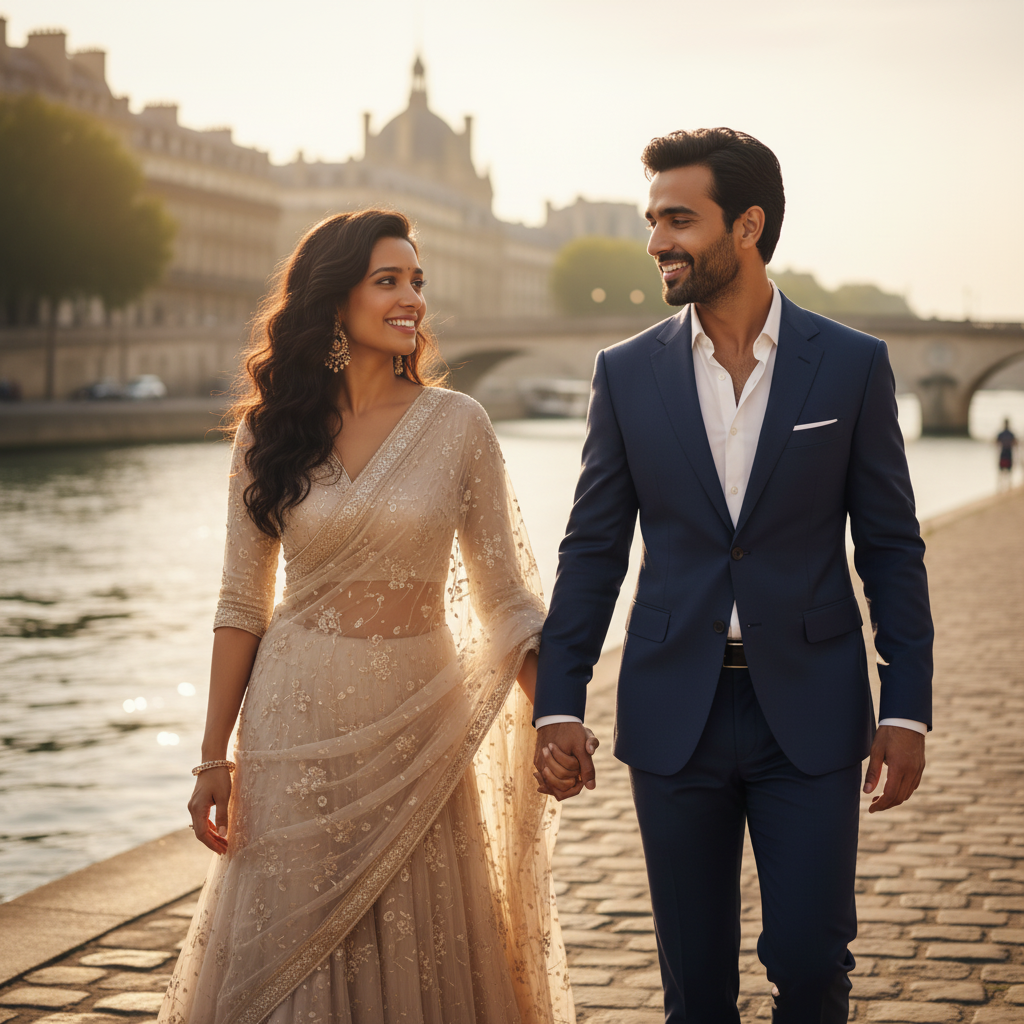 AI-generated pre-wedding photo sample in outdoor location