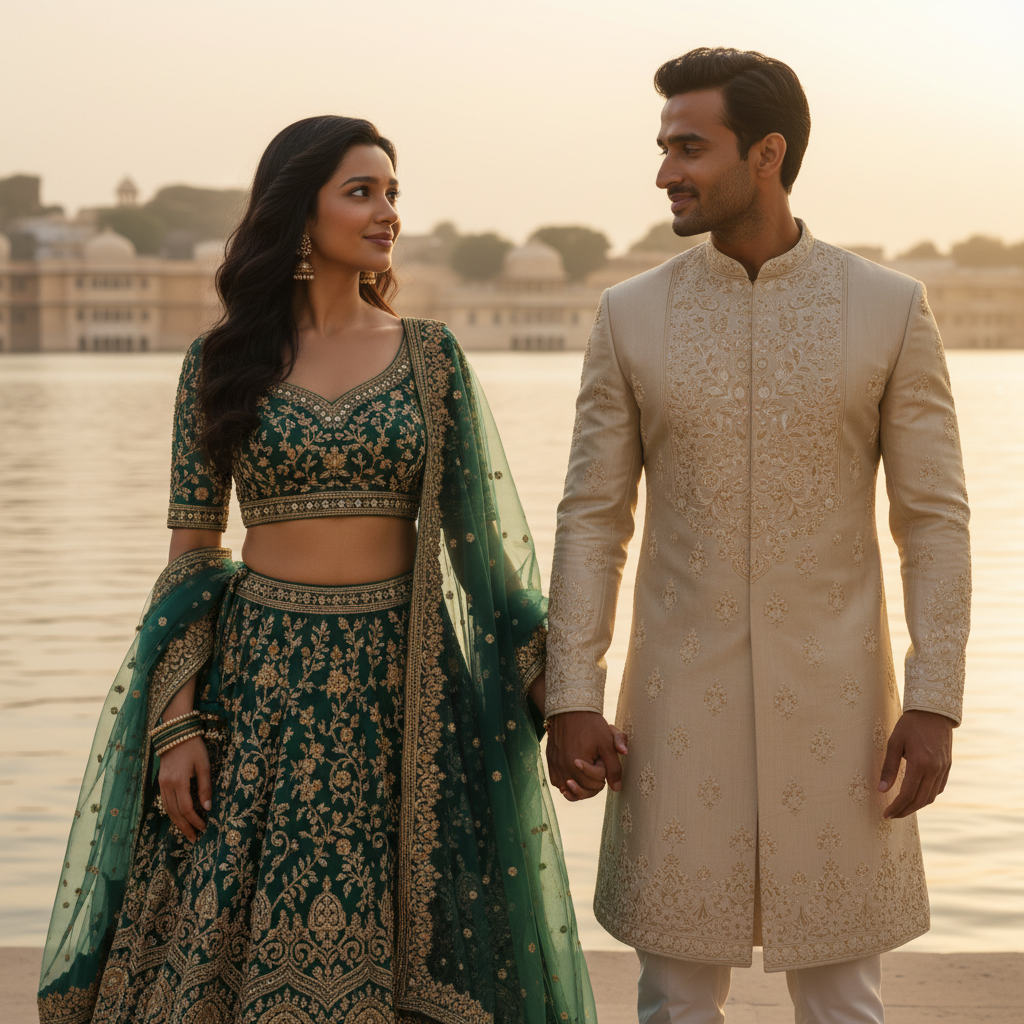 AI-generated pre-wedding photo sample in scenic background